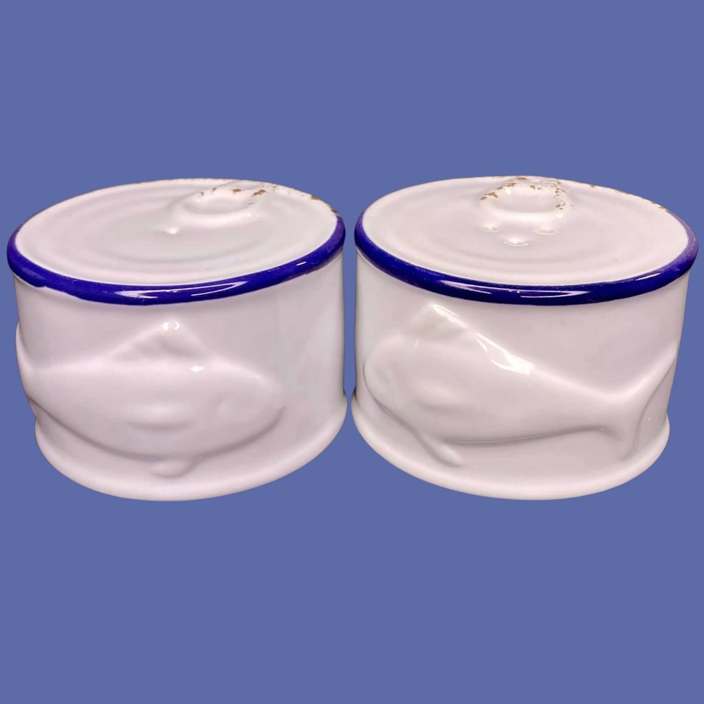 Two's Company Tuna Fish Can Tin Ceramic Salt & Pepper Set White Blue